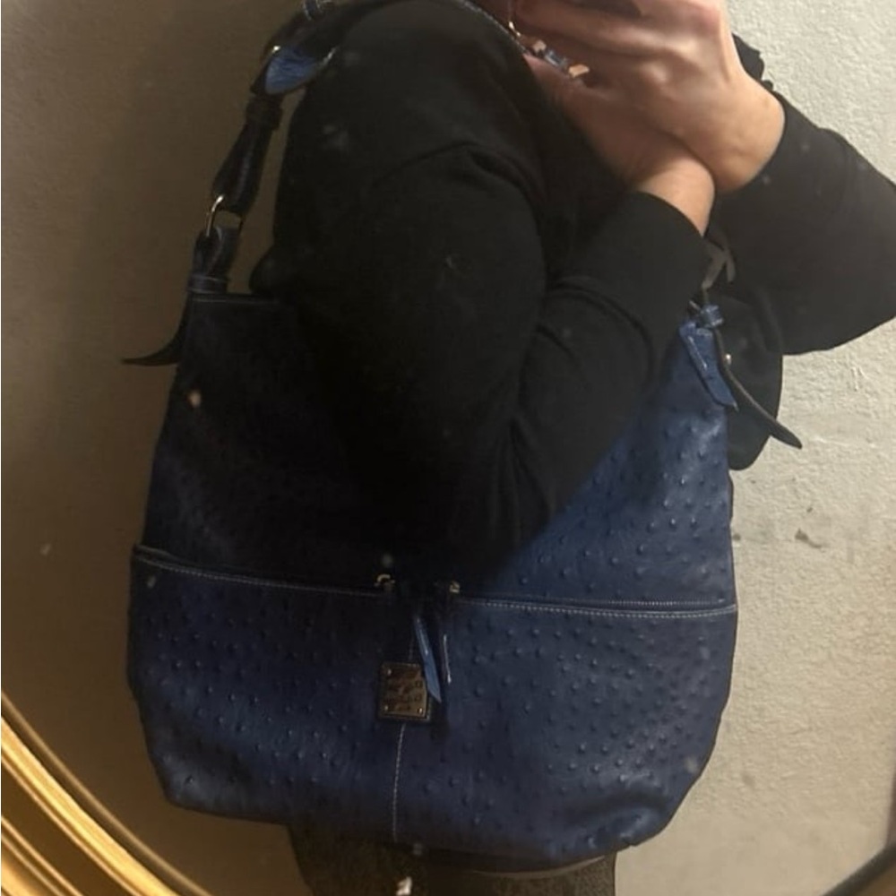 Dooney & Bourke Blue Ostrich Embossed Leather DILLEN Large East West Bag - Picture 2 of 10